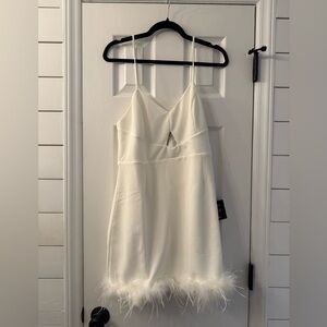 Lulu's White Feather Trim Mini Dress